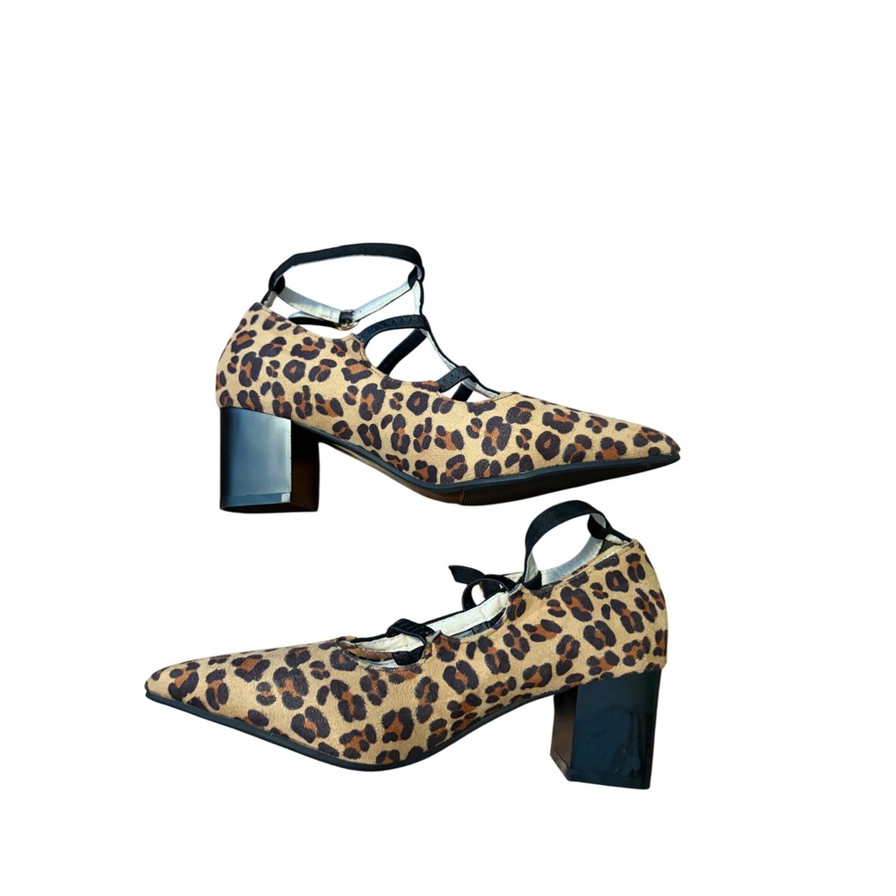 Leopard Print Pumps Mary Jane T-Strap Brown Block Heel Pointed Toe Size 39 8.5
